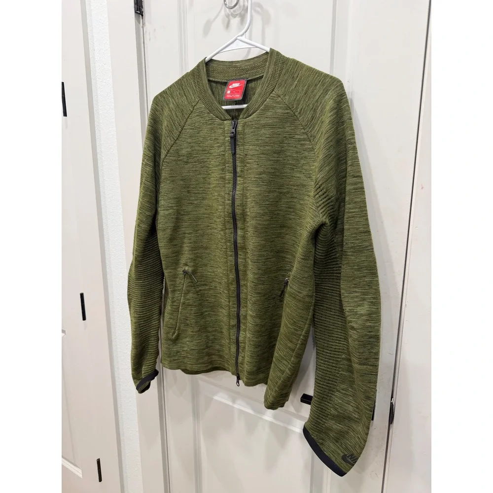 Nike Tech Knit Bomber Jacket Mens Medium Olive Green Heather Full Zip 832178-331